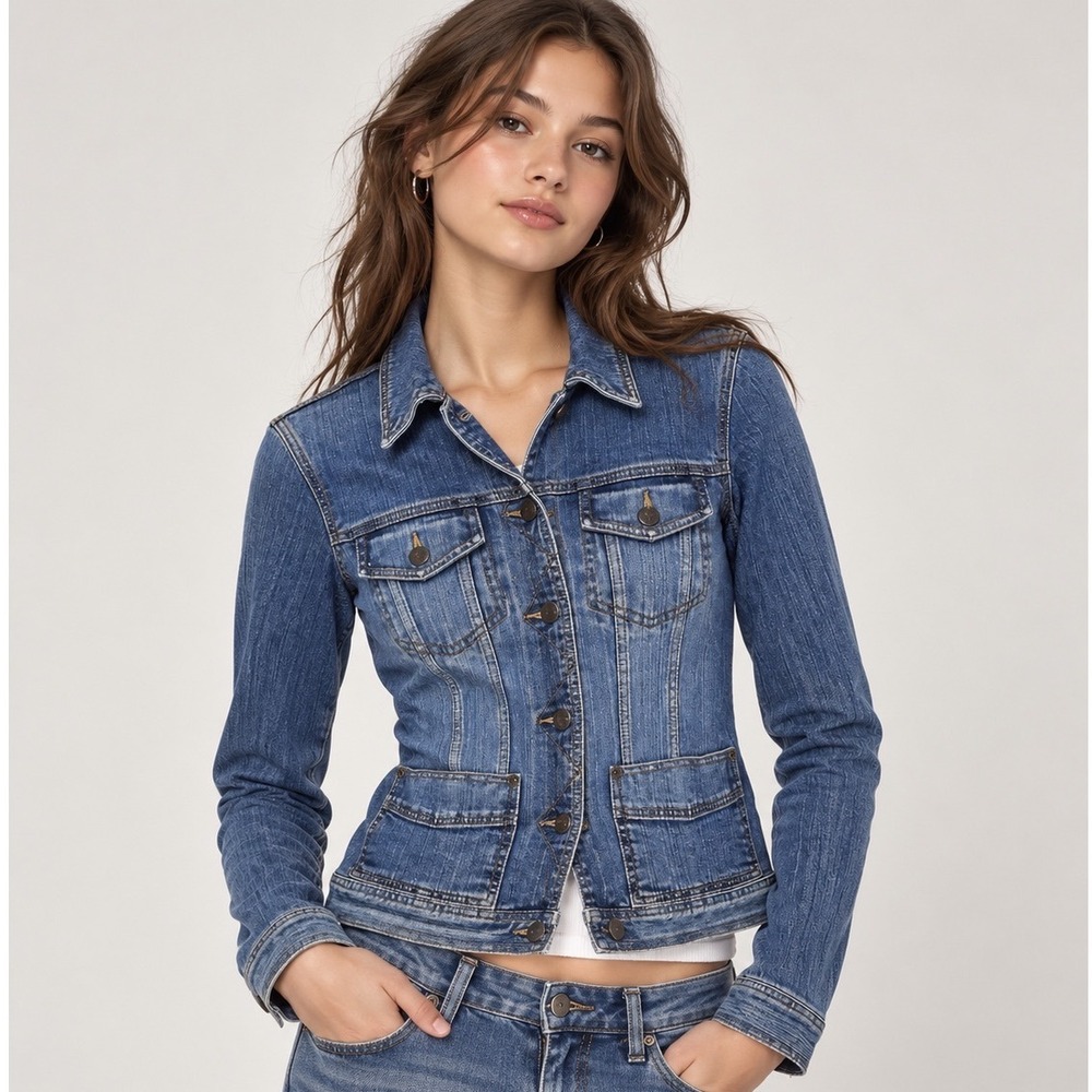 VTG Eddie Bauer Shrunken Denim Trucker Jacket Womens S Blue Stretch Utility Gorp
